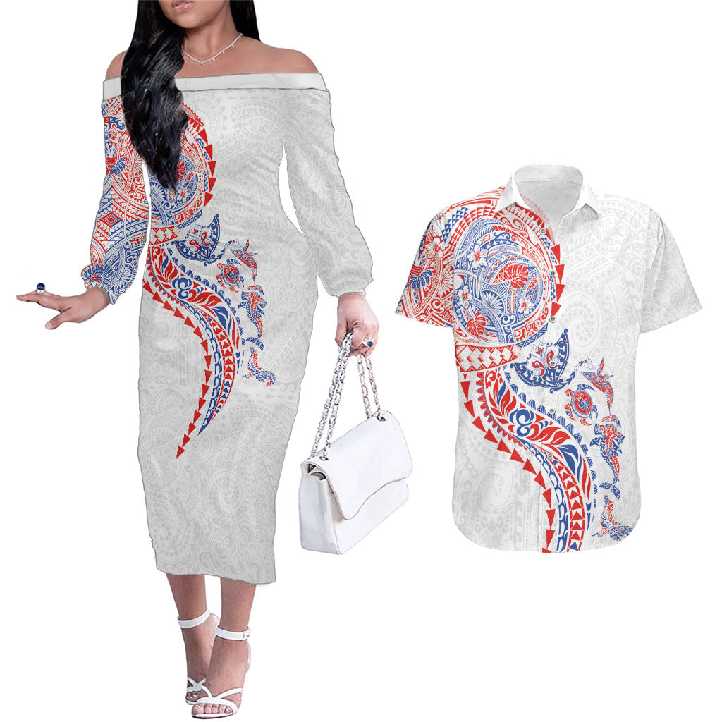 Hawaiian Kakau Tribal Sea Animals Tattoos Couples Matching Off The Shoulder Long Sleeve Dress and Hawaiian Shirt Hawaii Flag Color Inspired