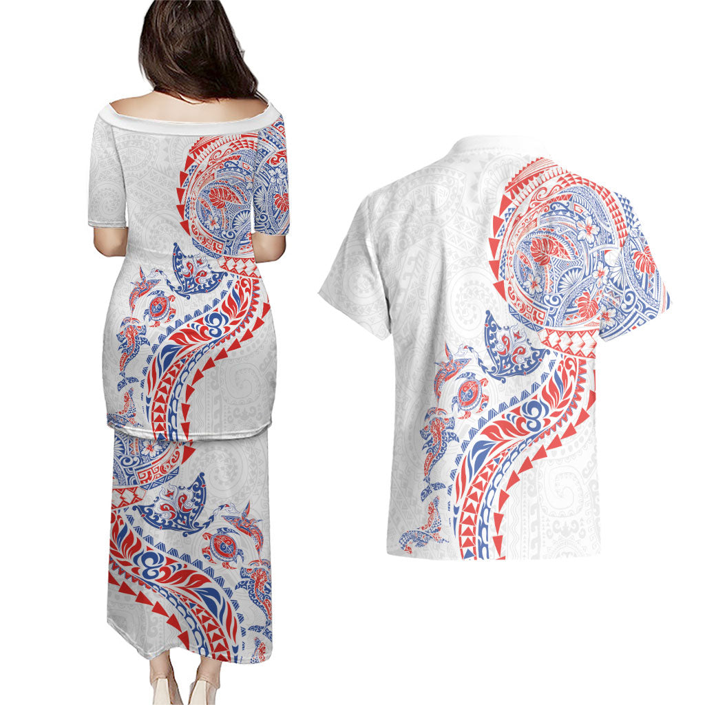 Hawaiian Kakau Tribal Sea Animals Tattoos Couples Matching Puletasi and Hawaiian Shirt Hawaii Flag Color Inspired