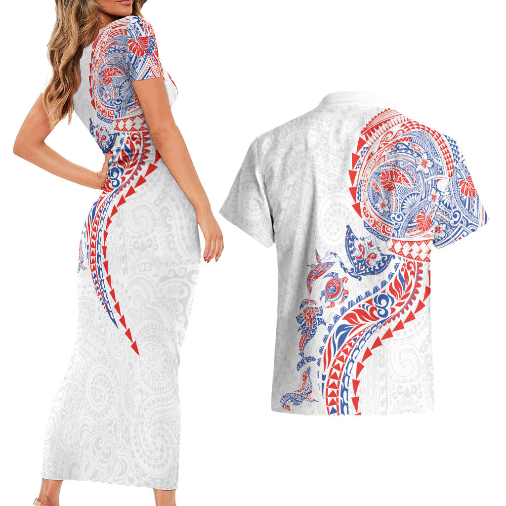 Hawaiian Kakau Tribal Sea Animals Tattoos Couples Matching Short Sleeve Bodycon Dress and Hawaiian Shirt Hawaii Flag Color Inspired
