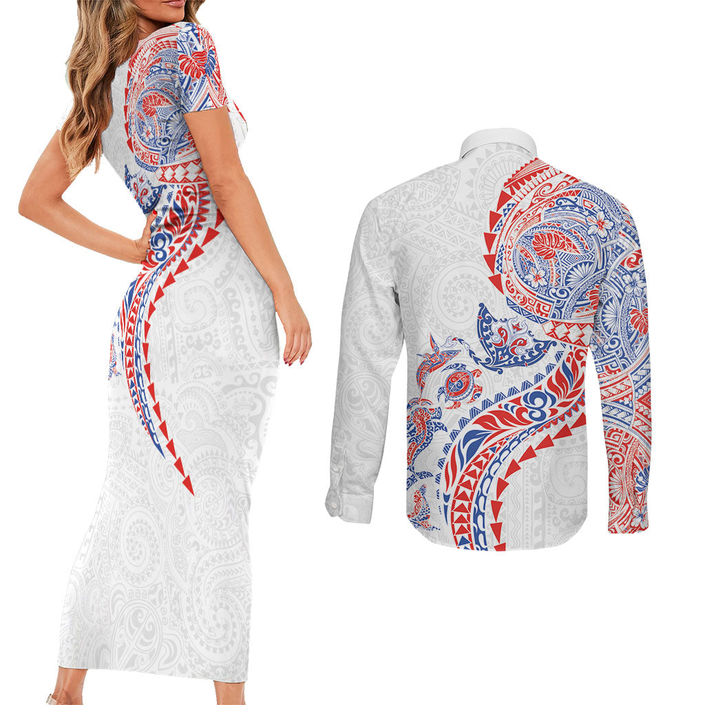 Hawaiian Kakau Tribal Sea Animals Tattoos Couples Matching Short Sleeve Bodycon Dress and Long Sleeve Button Shirt Hawaii Flag Color Inspired
