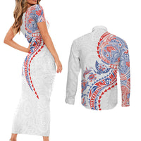 Hawaiian Kakau Tribal Sea Animals Tattoos Couples Matching Short Sleeve Bodycon Dress and Long Sleeve Button Shirt Hawaii Flag Color Inspired