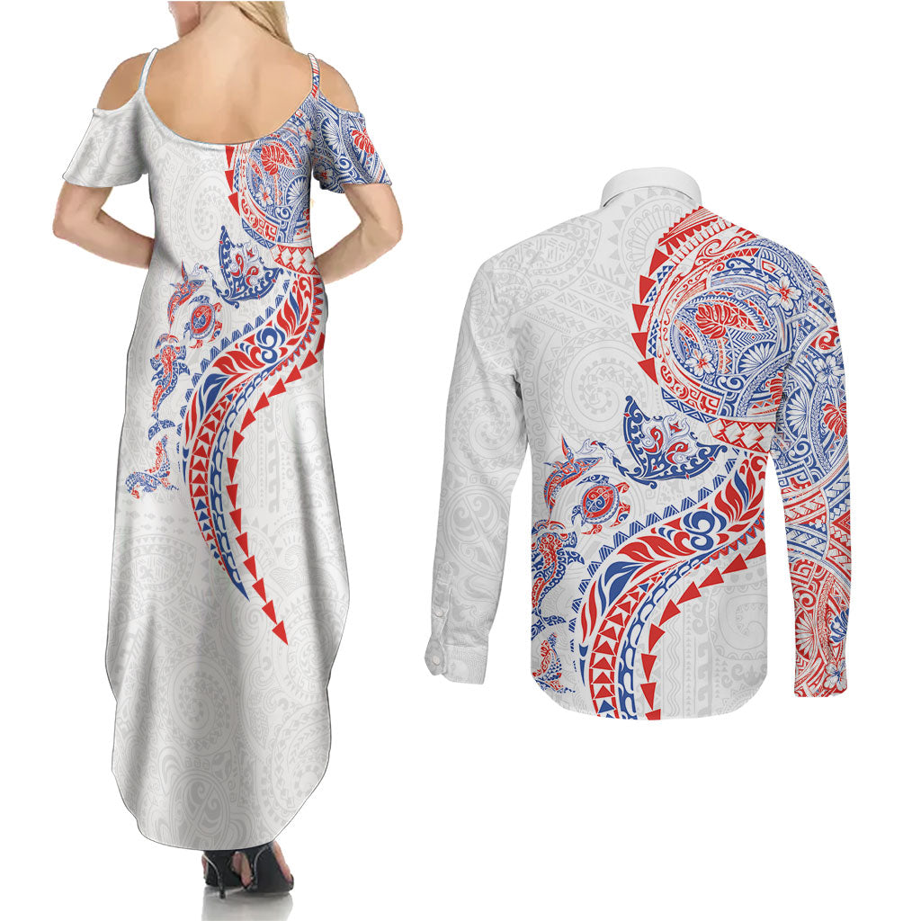 Hawaiian Kakau Tribal Sea Animals Tattoos Couples Matching Summer Maxi Dress and Long Sleeve Button Shirt Hawaii Flag Color Inspired