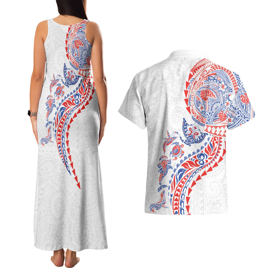 Hawaiian Kakau Tribal Sea Animals Tattoos Couples Matching Tank Maxi Dress and Hawaiian Shirt Hawaii Flag Color Inspired