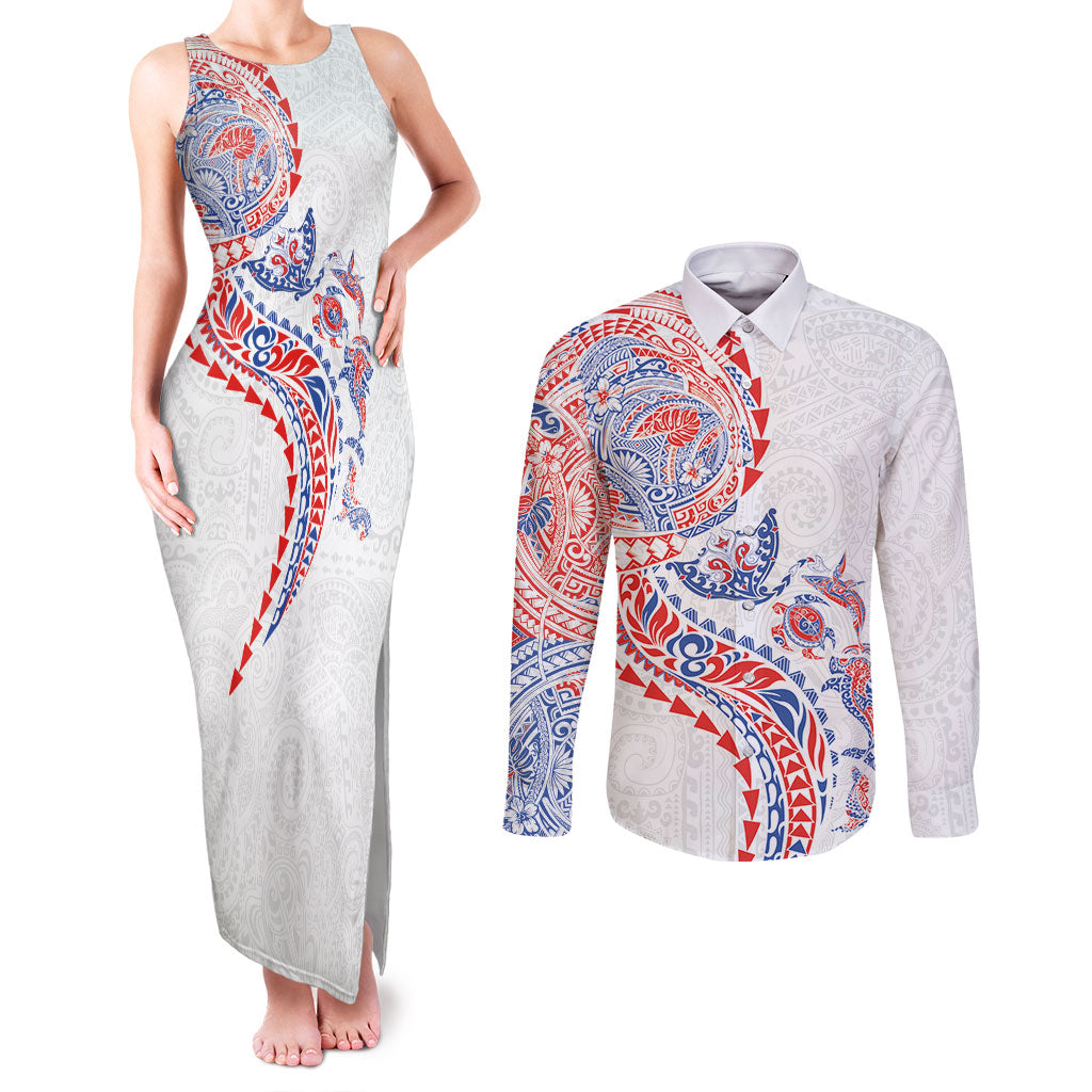 Hawaiian Kakau Tribal Sea Animals Tattoos Couples Matching Tank Maxi Dress and Long Sleeve Button Shirt Hawaii Flag Color Inspired