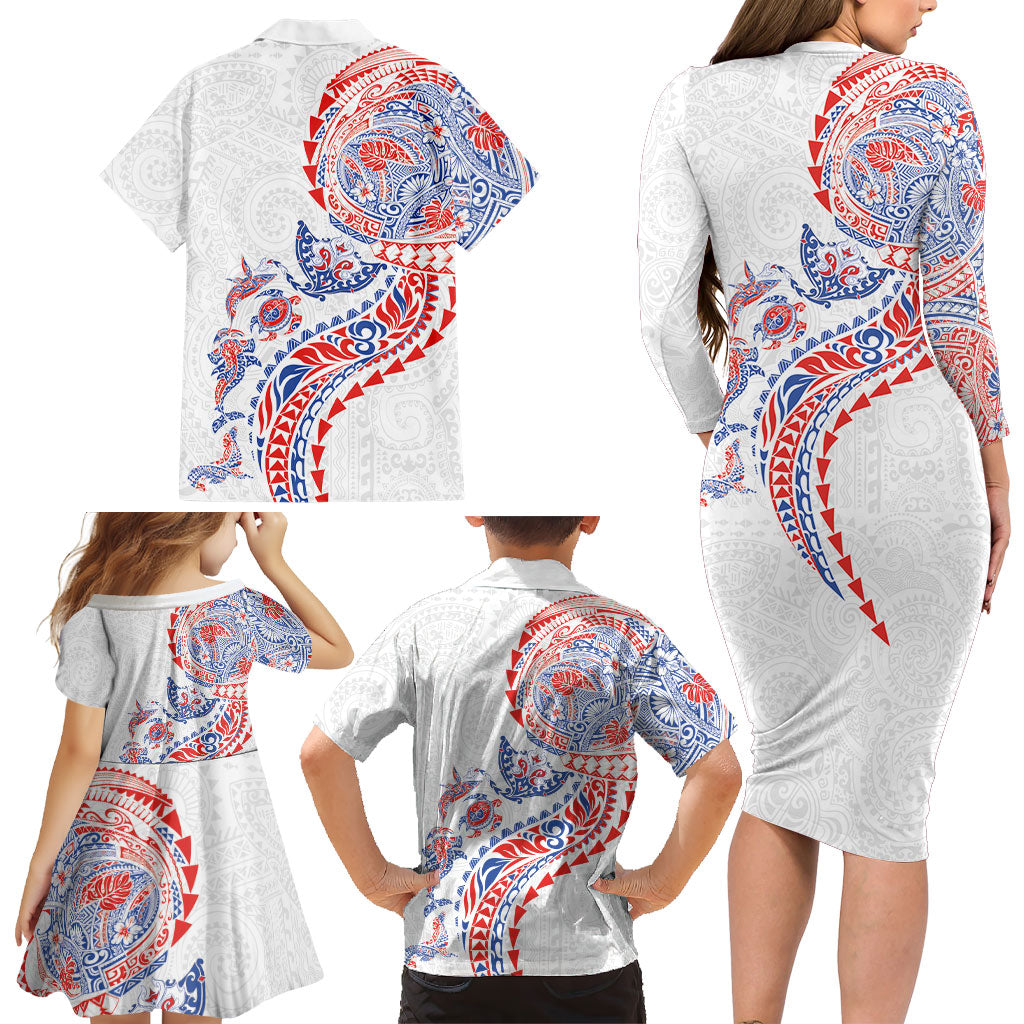 Hawaiian Kakau Tribal Sea Animals Tattoos Family Matching Long Sleeve Bodycon Dress and Hawaiian Shirt Hawaii Flag Color Inspired