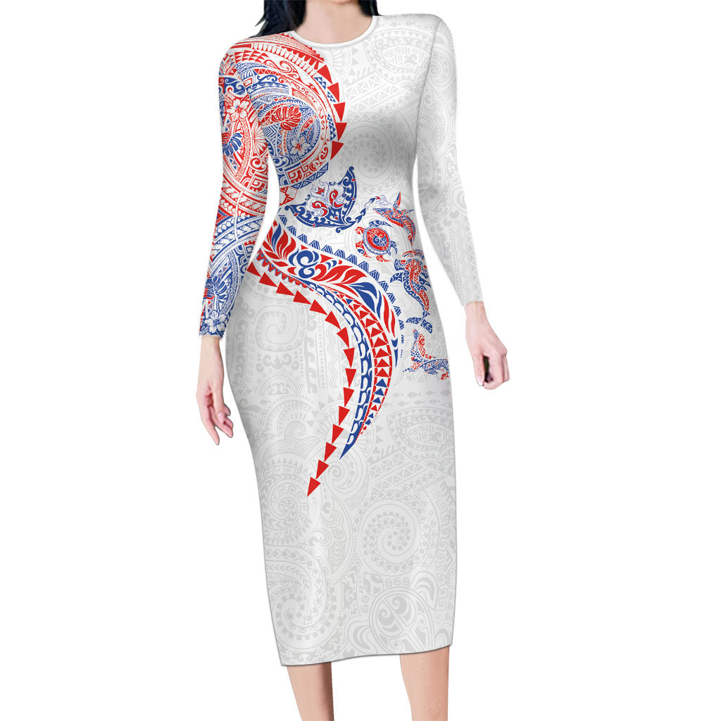Hawaiian Kakau Tribal Sea Animals Tattoos Family Matching Long Sleeve Bodycon Dress and Hawaiian Shirt Hawaii Flag Color Inspired