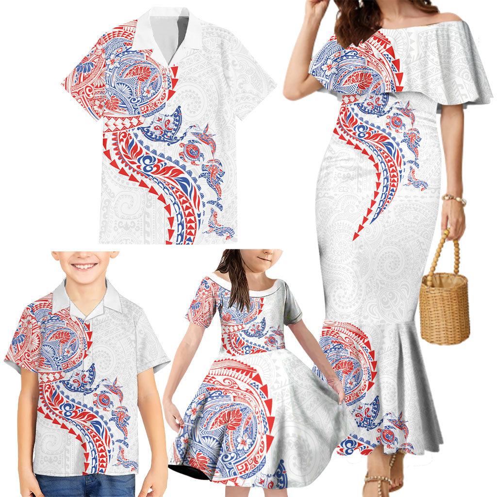 Hawaiian Kakau Tribal Sea Animals Tattoos Family Matching Mermaid Dress and Hawaiian Shirt Hawaii Flag Color Inspired