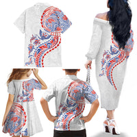 Hawaiian Kakau Tribal Sea Animals Tattoos Family Matching Off The Shoulder Long Sleeve Dress and Hawaiian Shirt Hawaii Flag Color Inspired