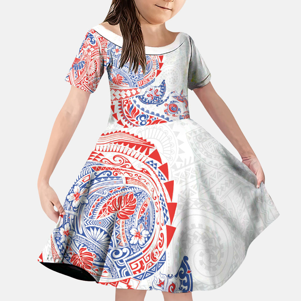 Hawaiian Kakau Tribal Sea Animals Tattoos Family Matching Off Shoulder Maxi Dress and Hawaiian Shirt Hawaii Flag Color Inspired LT03 Daughter's Dress Multicolor - Polynesian Pride