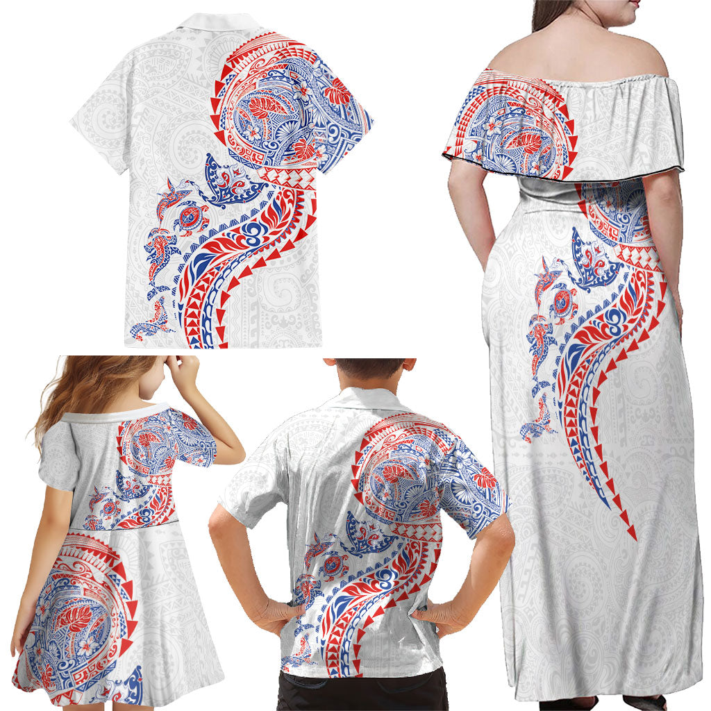 Hawaiian Kakau Tribal Sea Animals Tattoos Family Matching Off Shoulder Maxi Dress and Hawaiian Shirt Hawaii Flag Color Inspired LT03 - Polynesian Pride