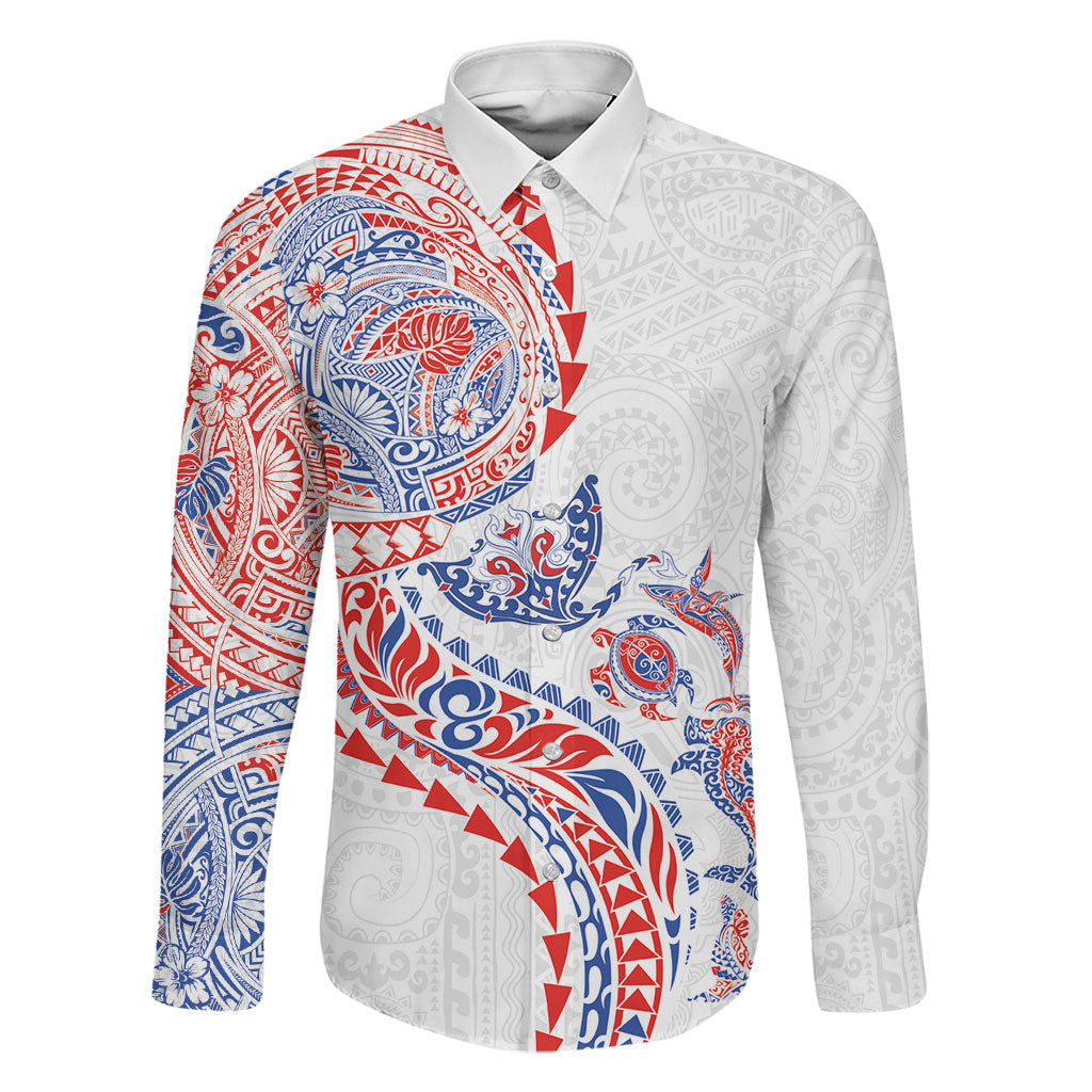 Hawaiian Kakau Tribal Sea Animals Tattoos Family Matching Off Shoulder Maxi Dress and Hawaiian Shirt Hawaii Flag Color Inspired LT03 Dad's Shirt - Long Sleeve Multicolor - Polynesian Pride