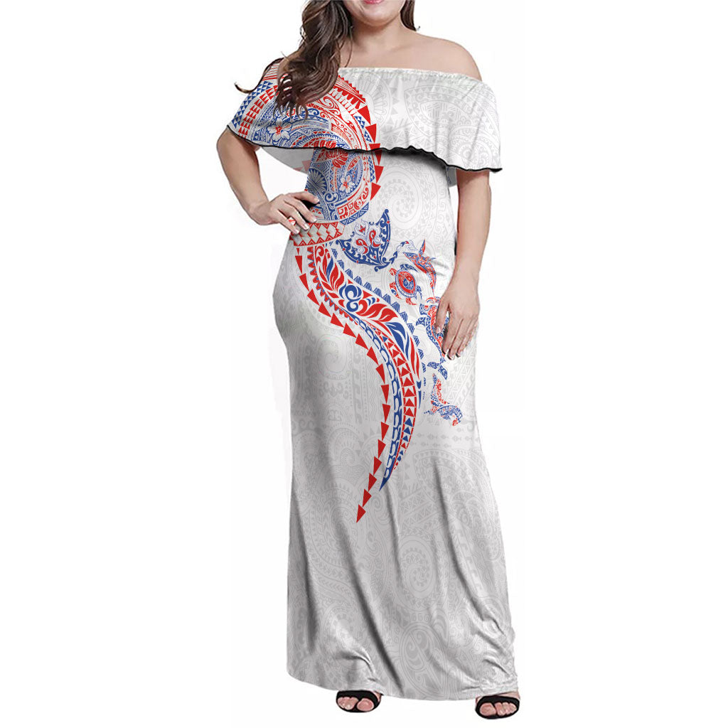 Hawaiian Kakau Tribal Sea Animals Tattoos Family Matching Off Shoulder Maxi Dress and Hawaiian Shirt Hawaii Flag Color Inspired LT03 Mom's Dress Multicolor - Polynesian Pride