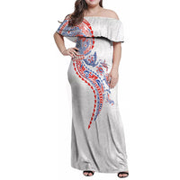 Hawaiian Kakau Tribal Sea Animals Tattoos Family Matching Off Shoulder Maxi Dress and Hawaiian Shirt Hawaii Flag Color Inspired LT03 Mom's Dress Multicolor - Polynesian Pride