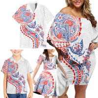 Hawaiian Kakau Tribal Sea Animals Tattoos Family Matching Off Shoulder Short Dress and Hawaiian Shirt Hawaii Flag Color Inspired