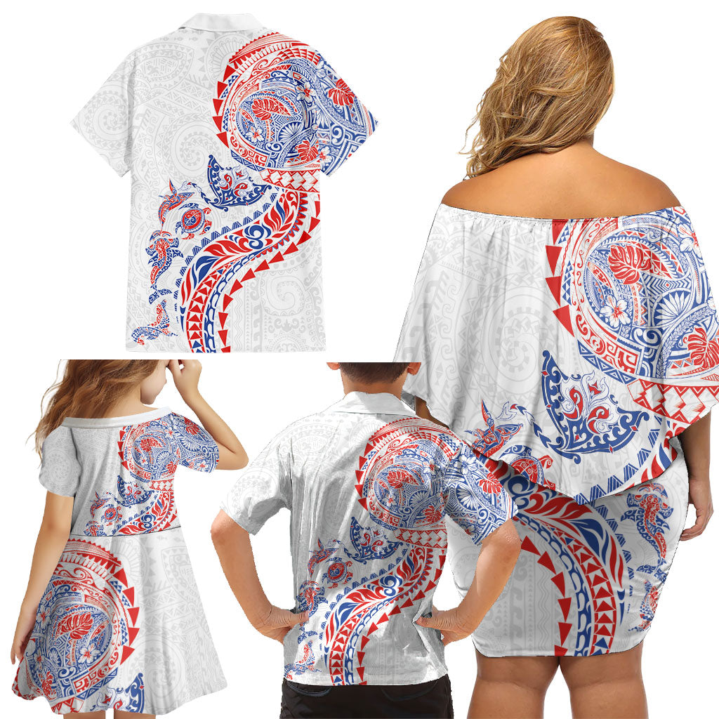 Hawaiian Kakau Tribal Sea Animals Tattoos Family Matching Off Shoulder Short Dress and Hawaiian Shirt Hawaii Flag Color Inspired