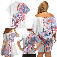 Hawaiian Kakau Tribal Sea Animals Tattoos Family Matching Off Shoulder Short Dress and Hawaiian Shirt Hawaii Flag Color Inspired