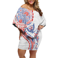 Hawaiian Kakau Tribal Sea Animals Tattoos Family Matching Off Shoulder Short Dress and Hawaiian Shirt Hawaii Flag Color Inspired