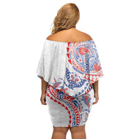 Hawaiian Kakau Tribal Sea Animals Tattoos Family Matching Off Shoulder Short Dress and Hawaiian Shirt Hawaii Flag Color Inspired