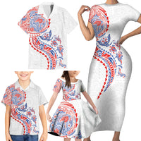 Hawaiian Kakau Tribal Sea Animals Tattoos Family Matching Short Sleeve Bodycon Dress and Hawaiian Shirt Hawaii Flag Color Inspired