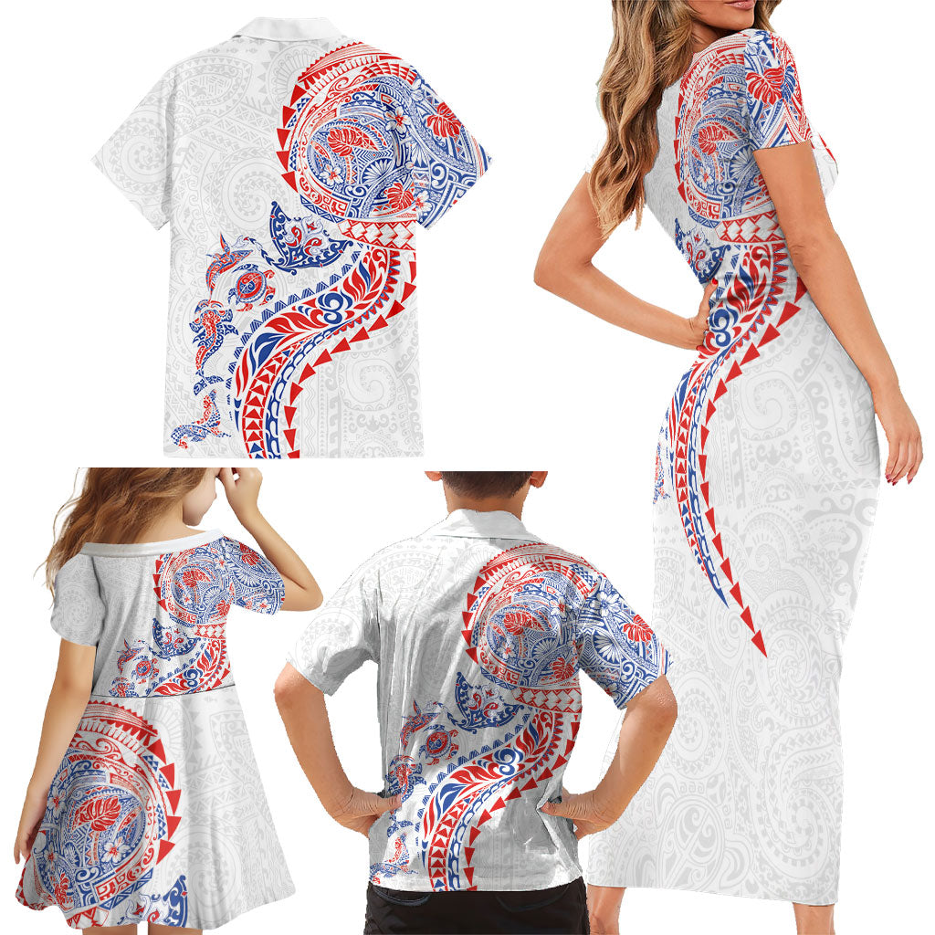 Hawaiian Kakau Tribal Sea Animals Tattoos Family Matching Short Sleeve Bodycon Dress and Hawaiian Shirt Hawaii Flag Color Inspired