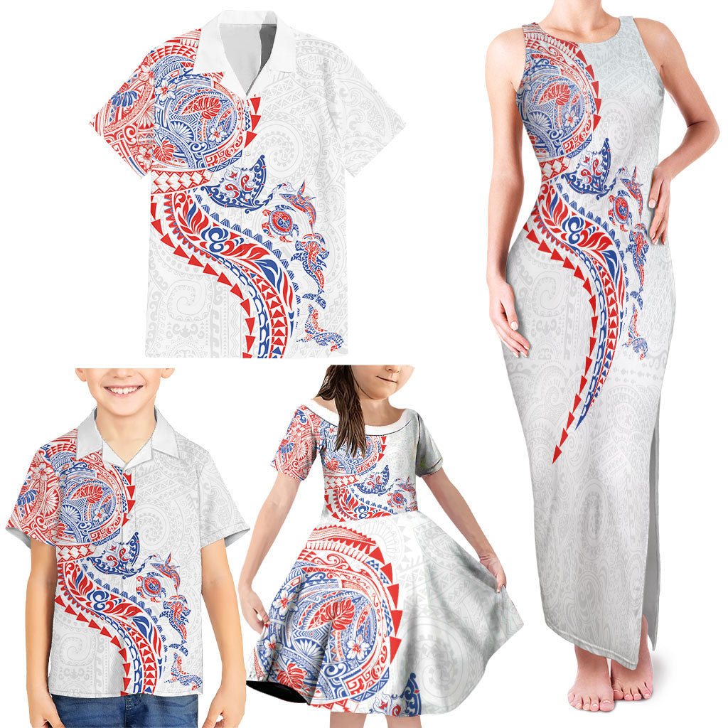 Hawaiian Kakau Tribal Sea Animals Tattoos Family Matching Tank Maxi Dress and Hawaiian Shirt Hawaii Flag Color Inspired