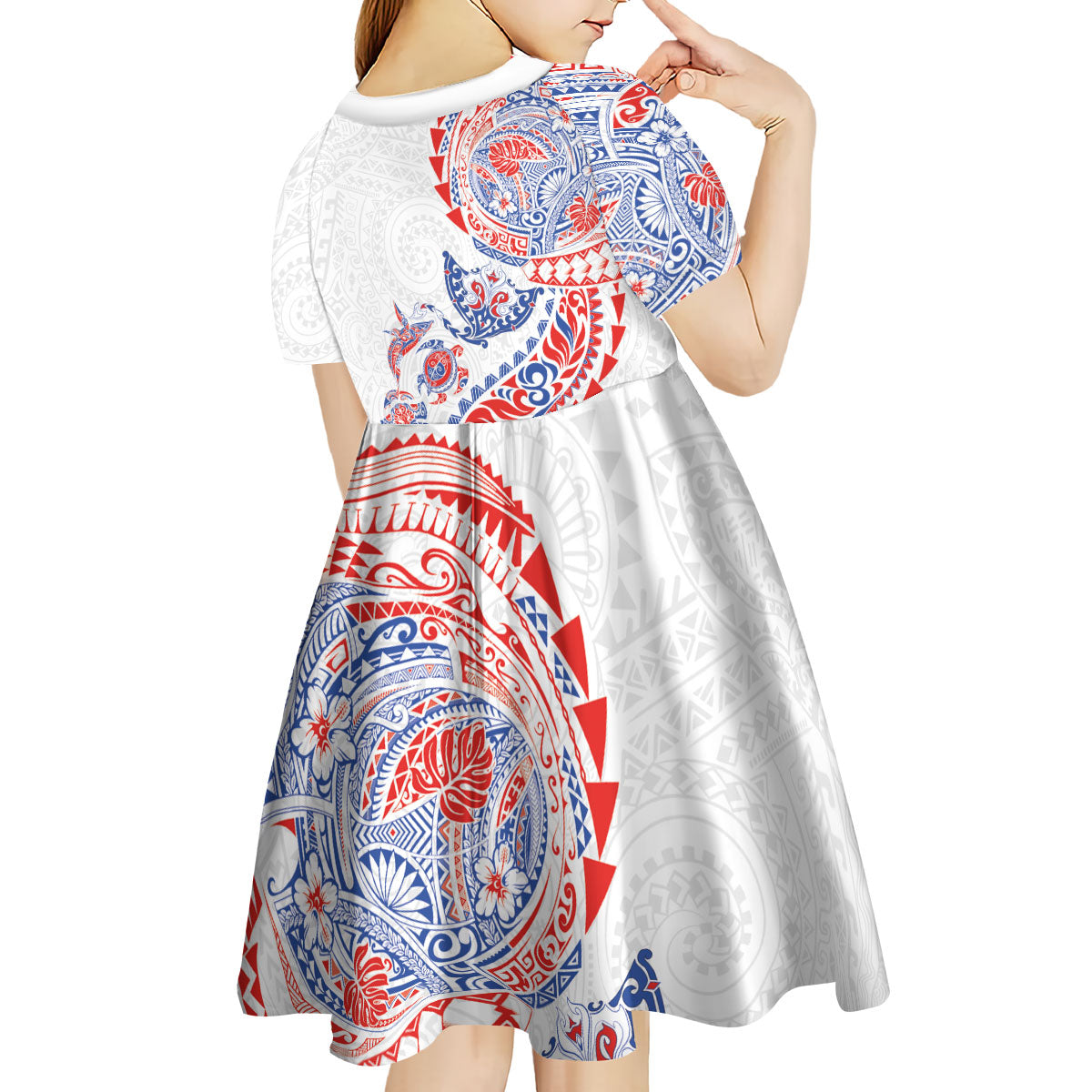Hawaiian Kakau Tribal Sea Animals Tattoos Kid Short Sleeve Dress Hawaii Flag Color Inspired
