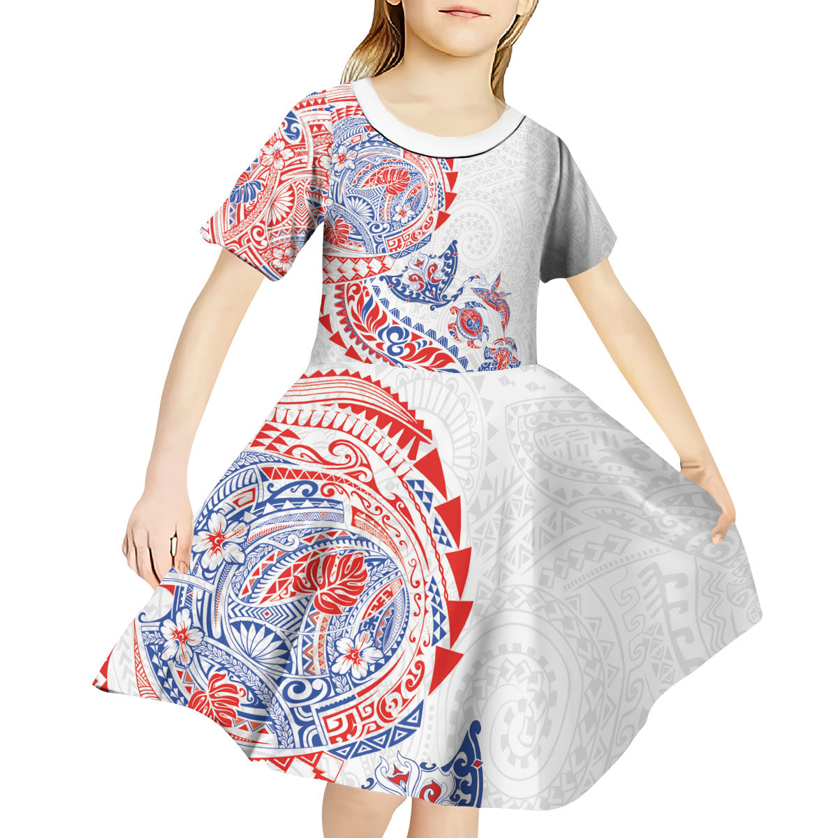 Hawaiian Kakau Tribal Sea Animals Tattoos Kid Short Sleeve Dress Hawaii Flag Color Inspired