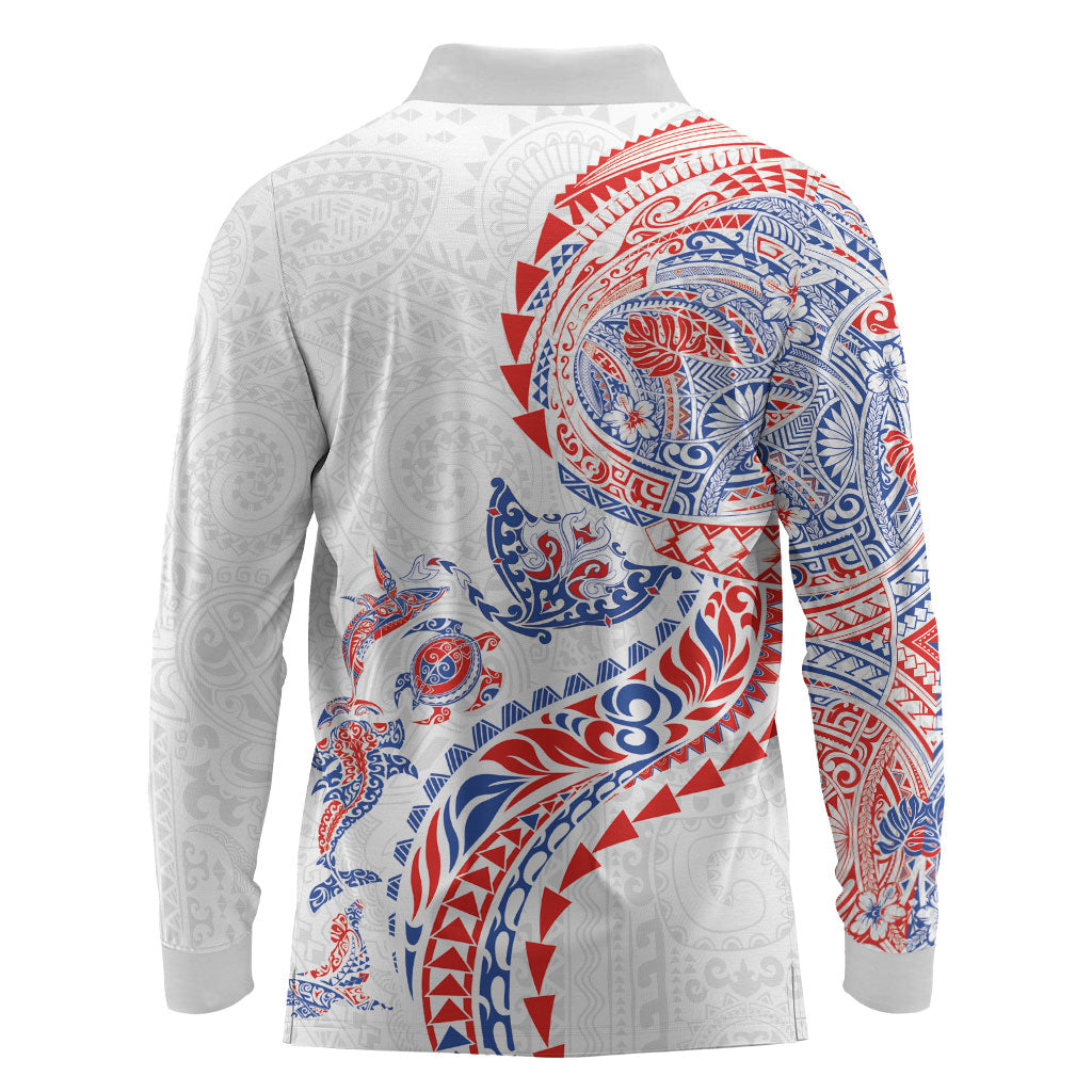 Hawaiian Kakau Tribal Sea Animals Tattoos Long Sleeve Polo Shirt Hawaii Flag Color Inspired