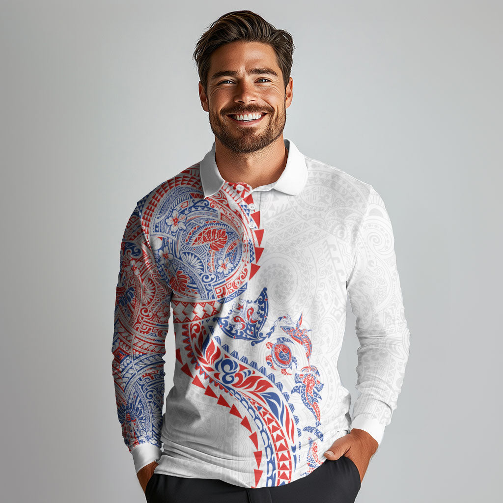 Hawaiian Kakau Tribal Sea Animals Tattoos Long Sleeve Polo Shirt Hawaii Flag Color Inspired