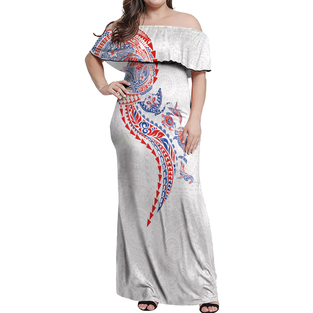 Hawaiian Kakau Tribal Sea Animals Tattoos Off Shoulder Maxi Dress Hawaii Flag Color Inspired