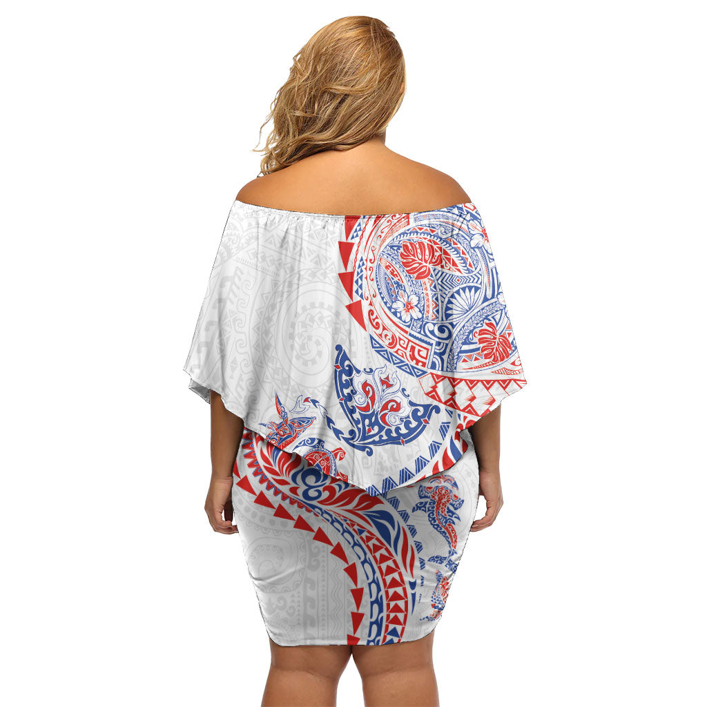 Hawaiian Kakau Tribal Sea Animals Tattoos Off Shoulder Short Dress Hawaii Flag Color Inspired