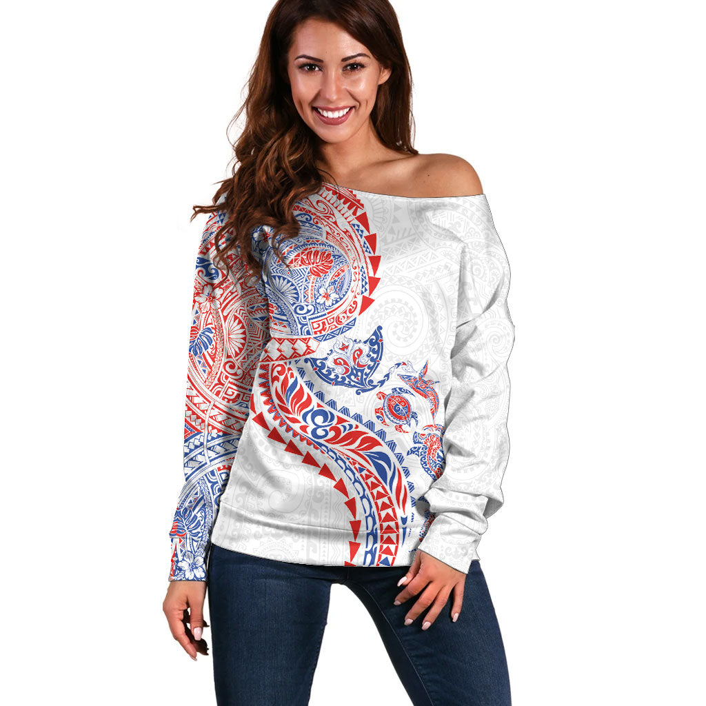 Hawaiian Kakau Tribal Sea Animals Tattoos Off Shoulder Sweater Hawaii Flag Color Inspired