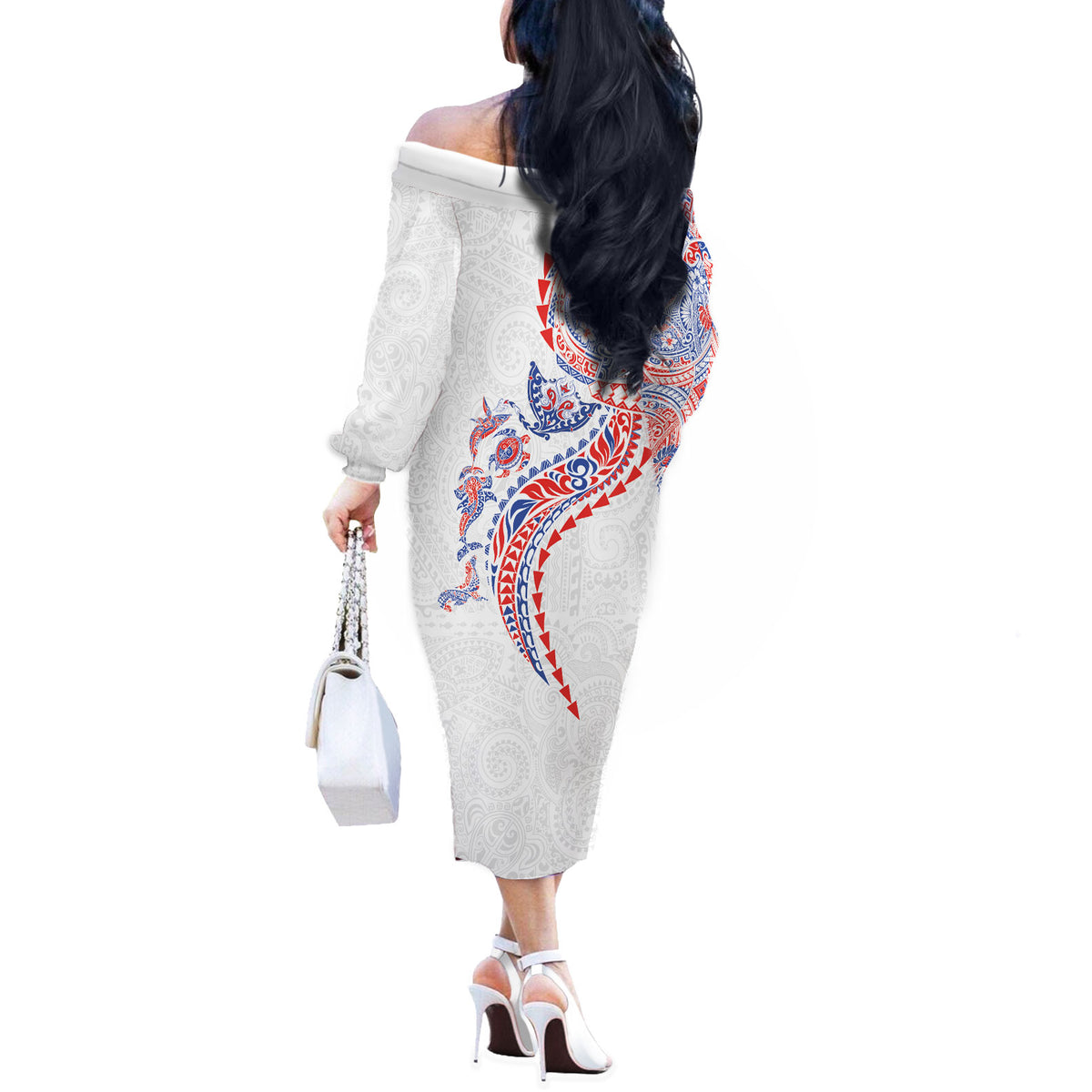 Hawaiian Kakau Tribal Sea Animals Tattoos Off The Shoulder Long Sleeve Dress Hawaii Flag Color Inspired