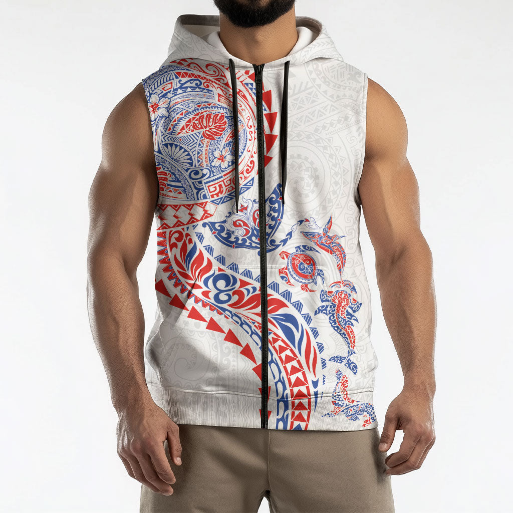Hawaiian Kakau Tribal Sea Animals Tattoos Sleeveless Zip Hoodie Hawaii Flag Color Inspired