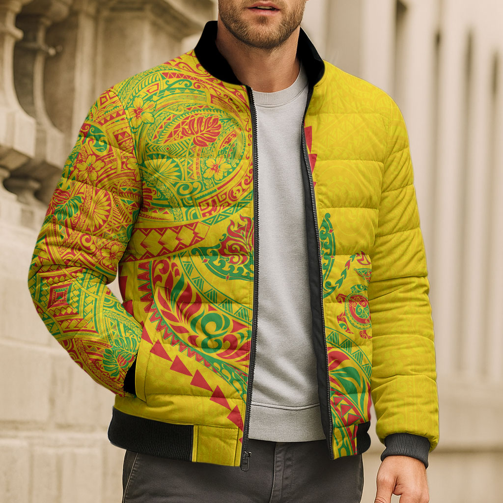 Hawaiian Kakau Tribal Sea Animals Tattoos Bomber Puffer Jacket Kanaka Maoli Flag Color Inspired