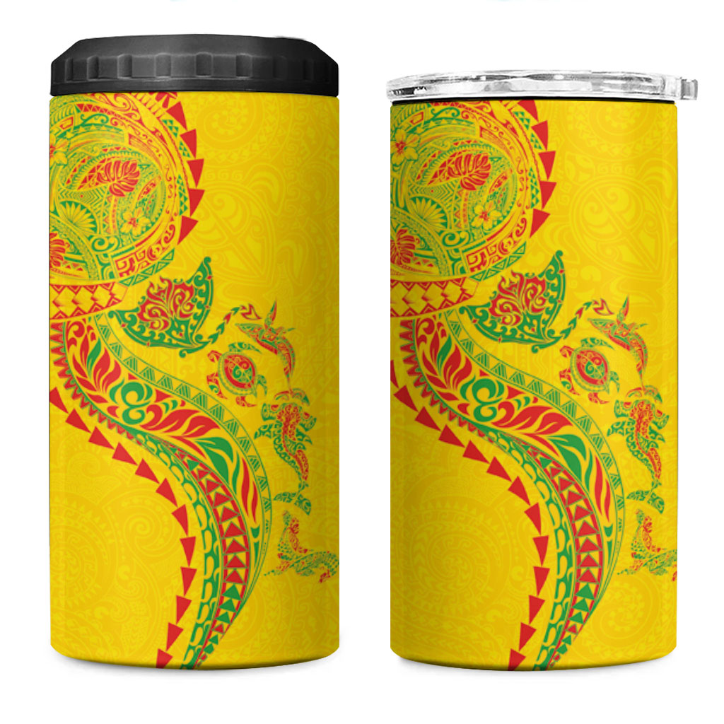 Hawaiian Kakau Tribal Sea Animals Tattoos 4 in 1 Can Cooler Tumbler Kanaka Maoli Flag Color Inspired