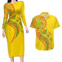 Hawaiian Kakau Tribal Sea Animals Tattoos Couples Matching Long Sleeve Bodycon Dress and Hawaiian Shirt Kanaka Maoli Flag Color Inspired