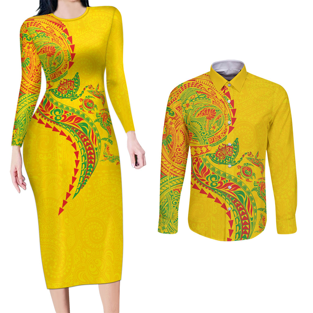 Hawaiian Kakau Tribal Sea Animals Tattoos Couples Matching Long Sleeve Bodycon Dress and Long Sleeve Button Shirt Kanaka Maoli Flag Color Inspired