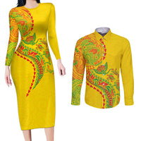 Hawaiian Kakau Tribal Sea Animals Tattoos Couples Matching Long Sleeve Bodycon Dress and Long Sleeve Button Shirt Kanaka Maoli Flag Color Inspired