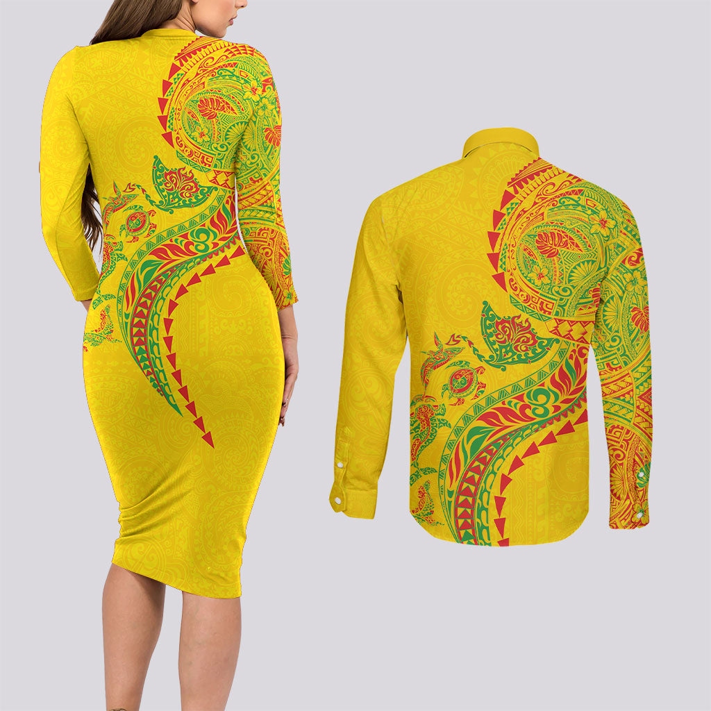Hawaiian Kakau Tribal Sea Animals Tattoos Couples Matching Long Sleeve Bodycon Dress and Long Sleeve Button Shirt Kanaka Maoli Flag Color Inspired