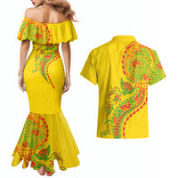 Hawaiian Kakau Tribal Sea Animals Tattoos Couples Matching Mermaid Dress and Hawaiian Shirt Kanaka Maoli Flag Color Inspired