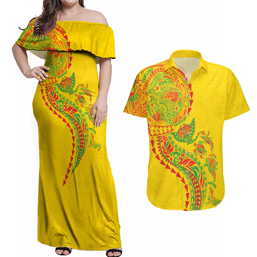 Hawaiian Kakau Tribal Sea Animals Tattoos Couples Matching Off Shoulder Maxi Dress and Hawaiian Shirt Kanaka Maoli Flag Color Inspired