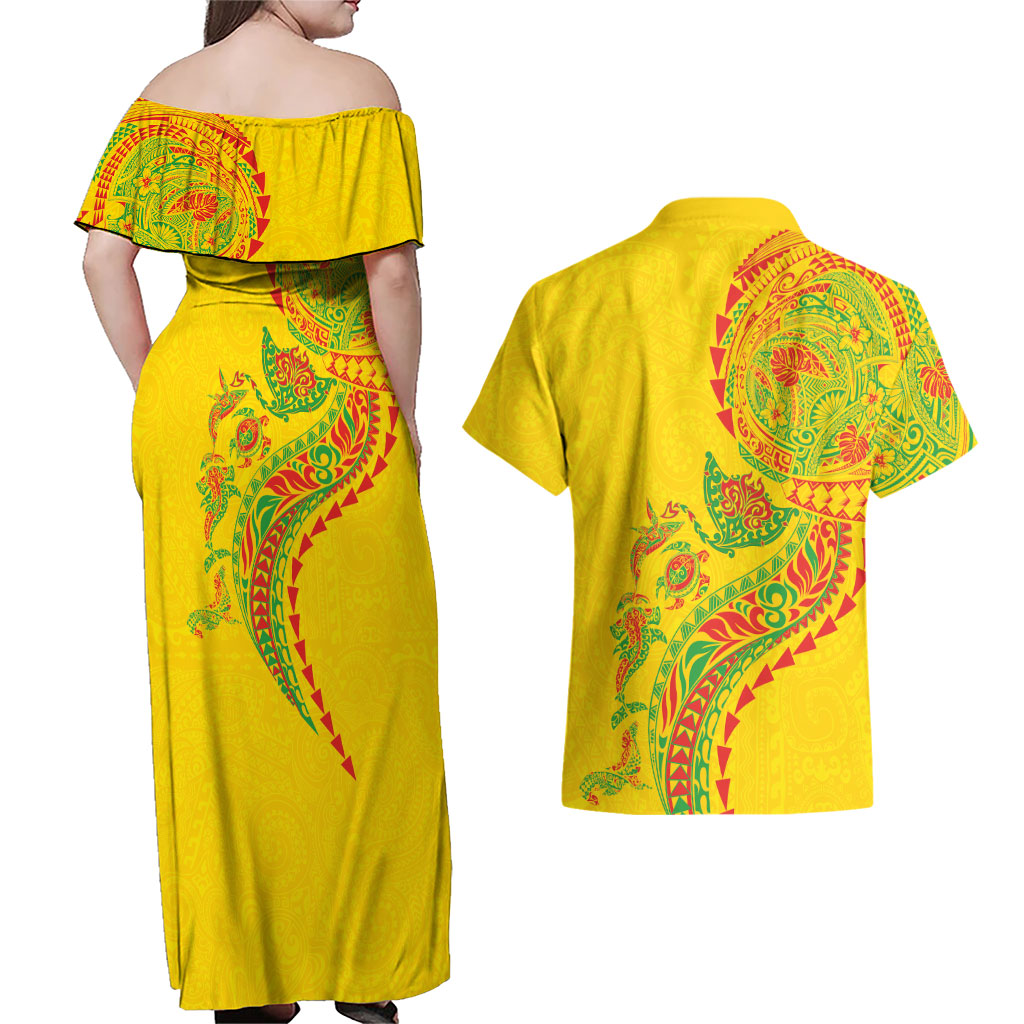 Hawaiian Kakau Tribal Sea Animals Tattoos Couples Matching Off Shoulder Maxi Dress and Hawaiian Shirt Kanaka Maoli Flag Color Inspired