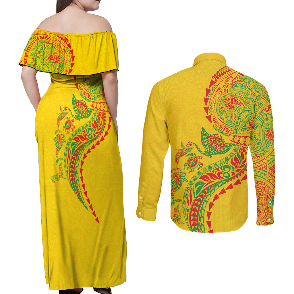 Hawaiian Kakau Tribal Sea Animals Tattoos Couples Matching Off Shoulder Maxi Dress and Long Sleeve Button Shirt Kanaka Maoli Flag Color Inspired