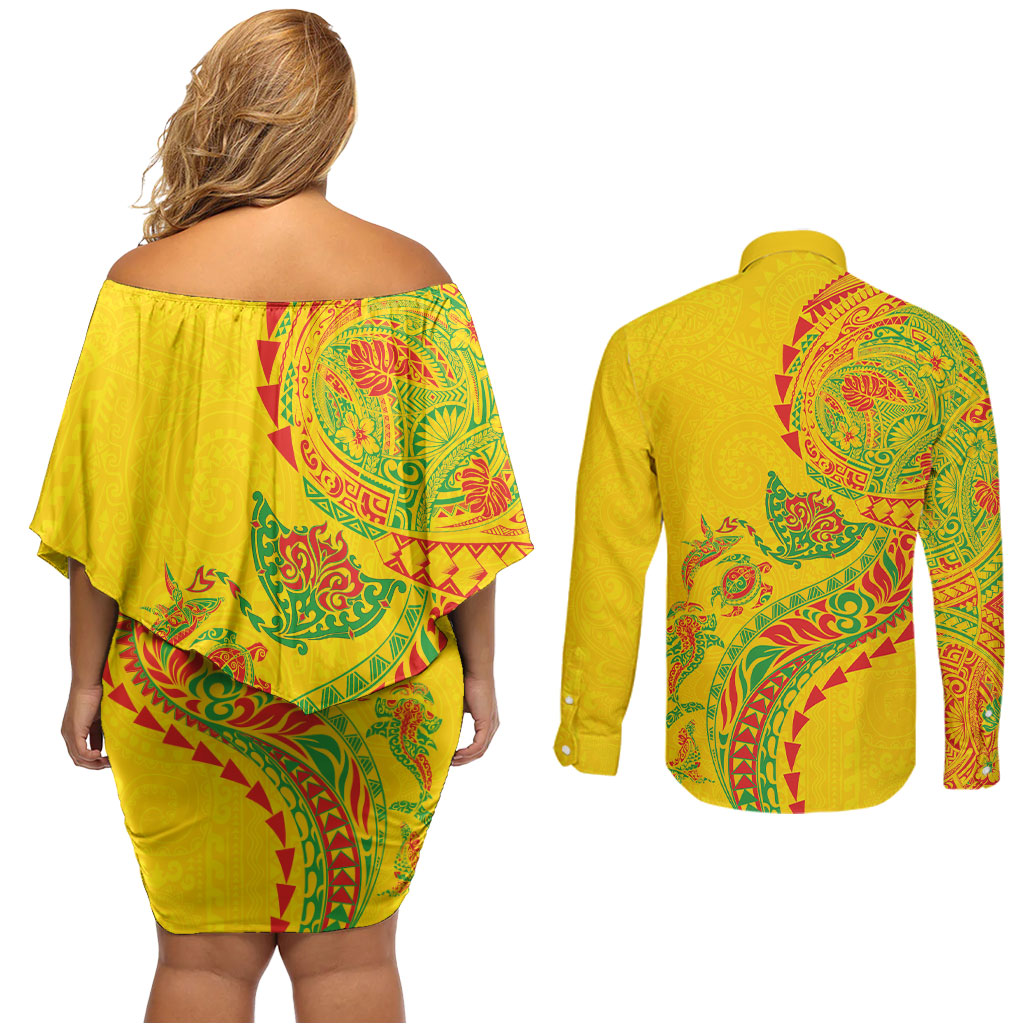 Hawaiian Kakau Tribal Sea Animals Tattoos Couples Matching Off Shoulder Short Dress and Long Sleeve Button Shirt Kanaka Maoli Flag Color Inspired