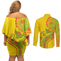 Hawaiian Kakau Tribal Sea Animals Tattoos Couples Matching Off Shoulder Short Dress and Long Sleeve Button Shirt Kanaka Maoli Flag Color Inspired