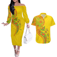Hawaiian Kakau Tribal Sea Animals Tattoos Couples Matching Off The Shoulder Long Sleeve Dress and Hawaiian Shirt Kanaka Maoli Flag Color Inspired