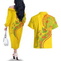 Hawaiian Kakau Tribal Sea Animals Tattoos Couples Matching Off The Shoulder Long Sleeve Dress and Hawaiian Shirt Kanaka Maoli Flag Color Inspired