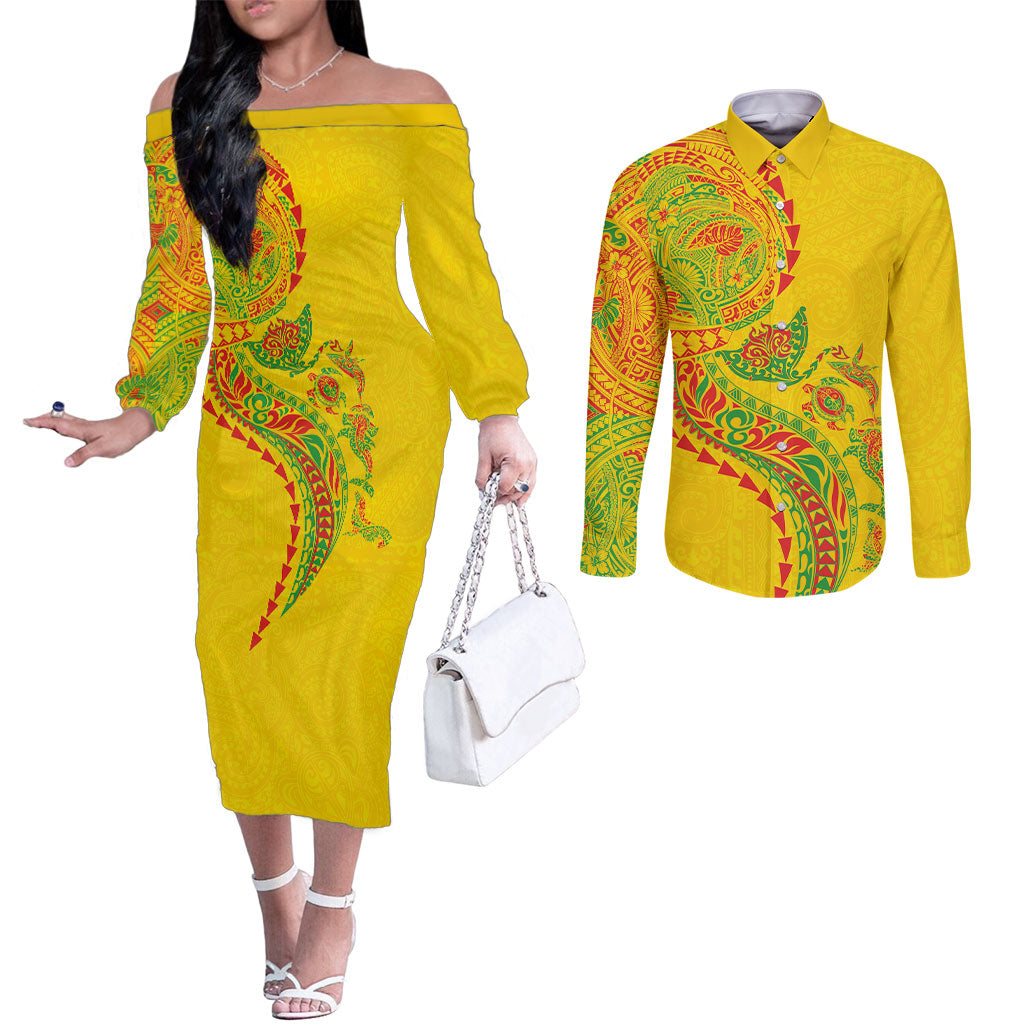 Hawaiian Kakau Tribal Sea Animals Tattoos Couples Matching Off The Shoulder Long Sleeve Dress and Long Sleeve Button Shirt Kanaka Maoli Flag Color Inspired