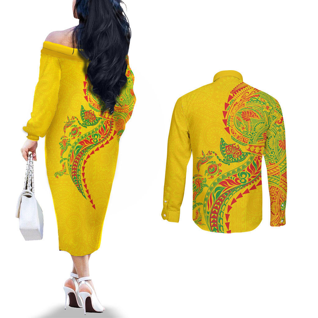 Hawaiian Kakau Tribal Sea Animals Tattoos Couples Matching Off The Shoulder Long Sleeve Dress and Long Sleeve Button Shirt Kanaka Maoli Flag Color Inspired